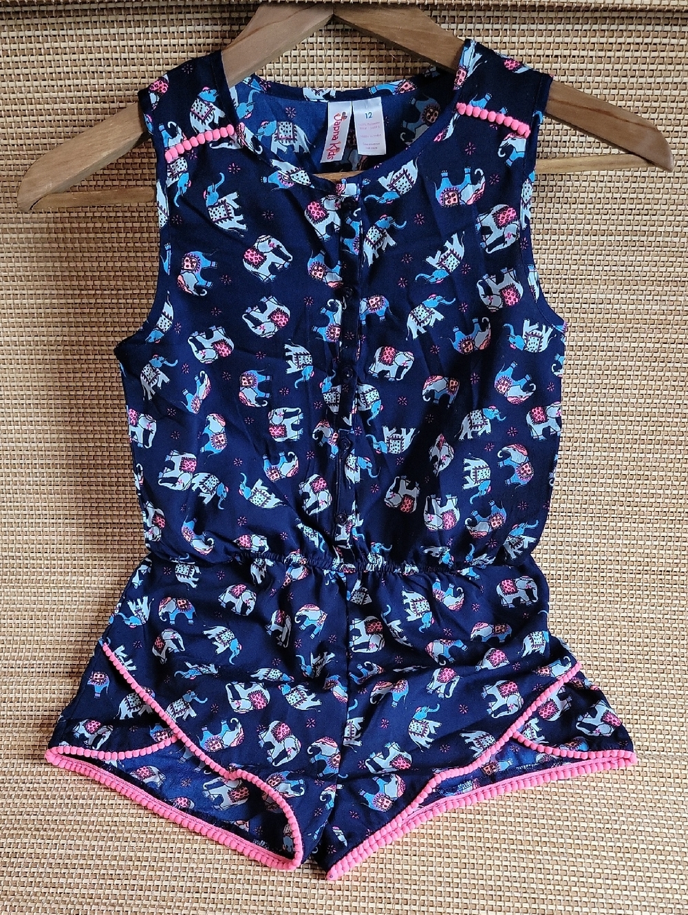 Japana Kids Navy Elephant Print Girls Romper with Pink Trim